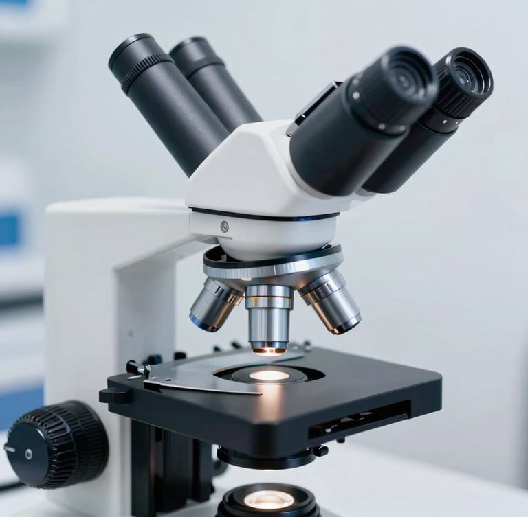 Close-up of high-end diagnostic laboratory equipment, sterile silver and blue accents, sharp focus on a microscope stage under bright clinical white light.