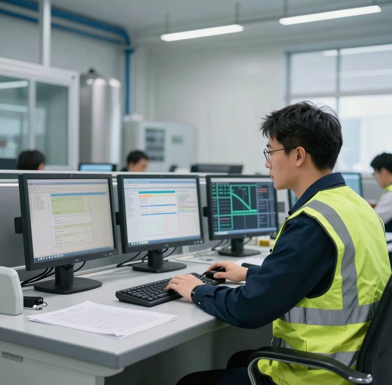 Sharp industrial photography of a modern control room with monitors and an engineer in high-vis vest analyzing technical data, natural daylight.
