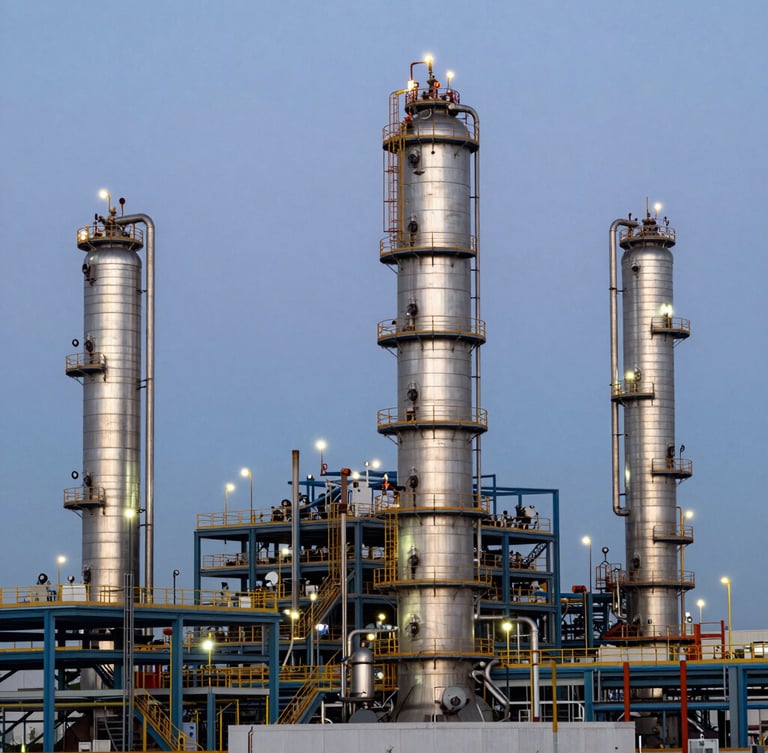 Wide shot of a modern Algerian petrochemical plant at dusk, steel distillation towers, clean industrial lighting, sharp focus, professional documentary style
