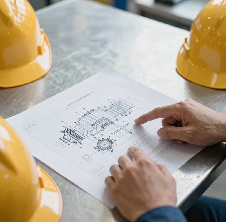 Close-up of hands pointing at a complex technical diagram on a workshop table, safety helmets visible, cool steel tones.