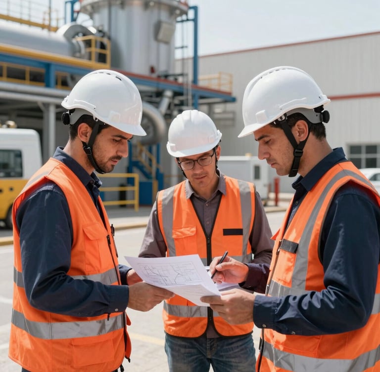 Sharp industrial photography, natural daylight, engineers in high-vis vests and helmets discussing technical schematics in a modern Algerian training facility, professional documentary style
