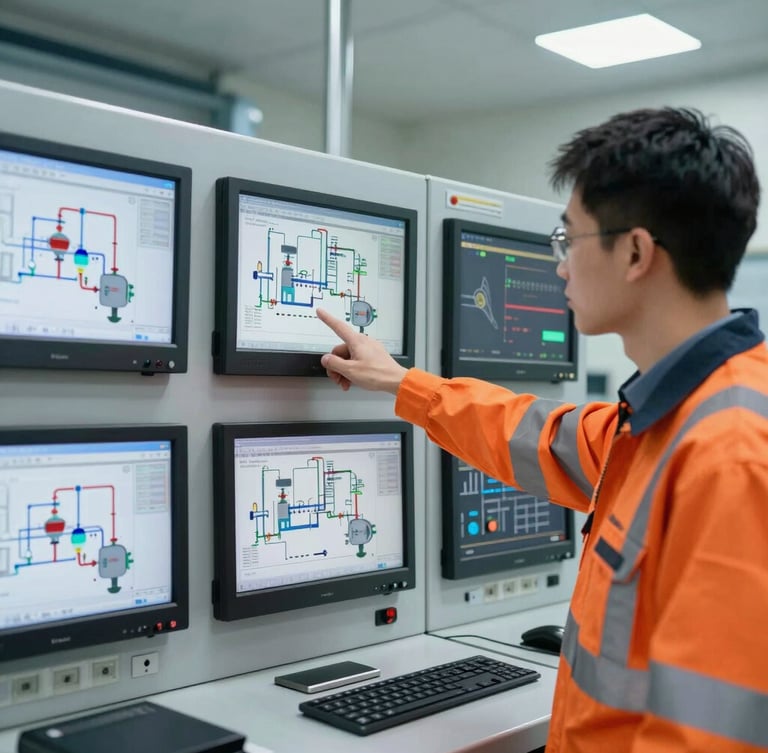 Industrial control room interior, multiple monitors displaying complex piping and instrumentation diagrams, a technical expert pointing at a screen, sharp focus, safety orange details, cool steel lighting.