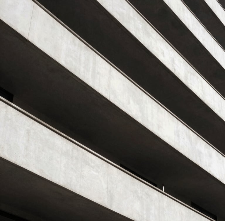 Orthographic perspective of a resort building envelope, stark geometric shadows, deep charcoal and crisp white tones, clean studio lighting.