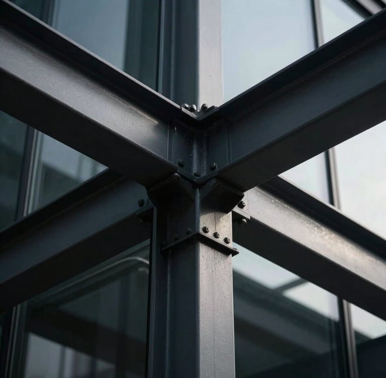 Extreme close-up of a structural steel junction and glass facade, high-contrast dramatic architectural lighting, monochromatic deep charcoal.