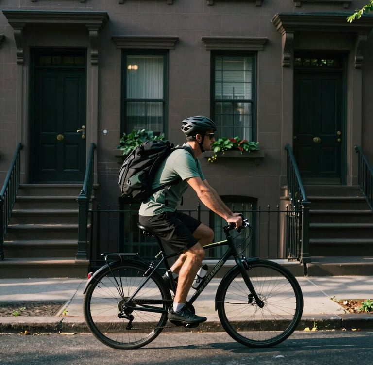 A professional bicycle courier with a sleek black backpack riding past historic Brooklyn brownstones in Clinton Hill, soft late afternoon sunlight casting long shadows, moody film aesthetic.