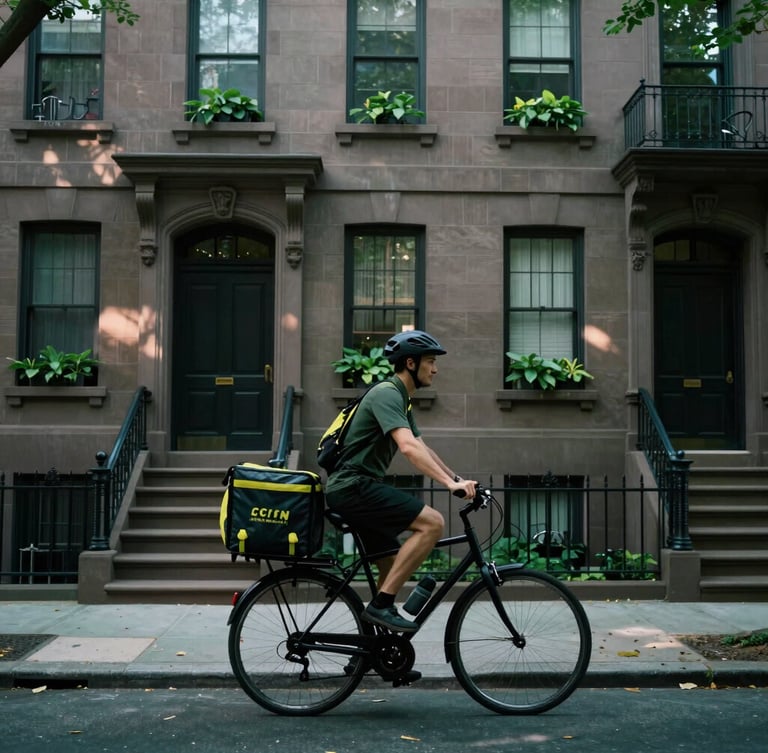 A professional courier on a sleek black bicycle riding past historic sandstone brownstones in Brooklyn, moody afternoon light, deep green tones, 35mm film style.