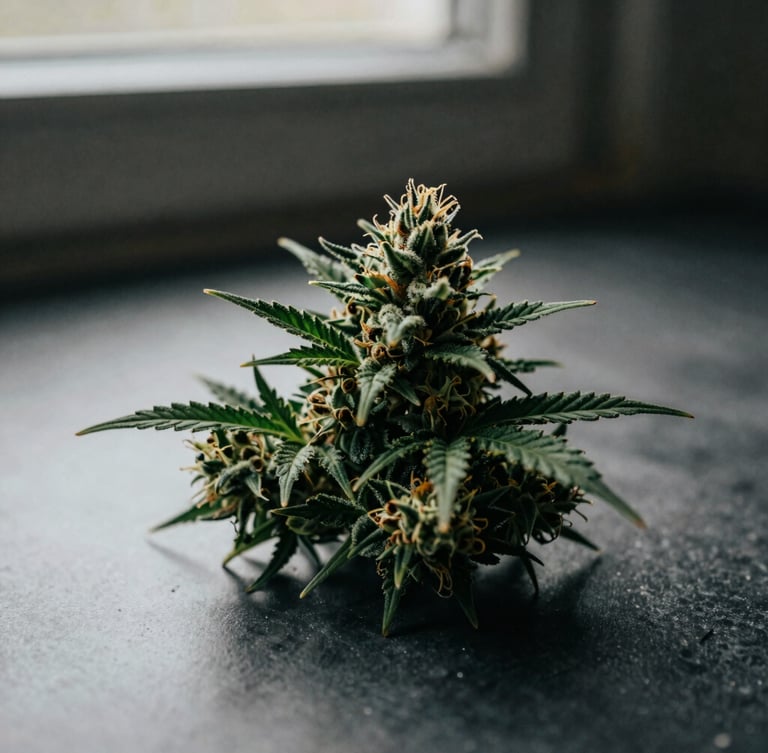Macro shot of a beautifully manicured cannabis flower bud on a clean slate surface, moody natural window light with deep shadows, rich forest green tones, 35mm film lens.