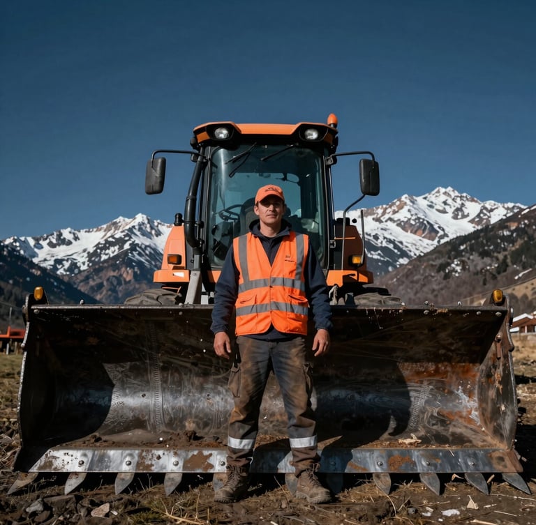 Low-angle heroic portrait of a clean-cut land clearing operator in a safety orange vest standing next to a massive forestry mulcher, high-contrast mountain daylight.