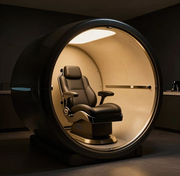 A sleek, minimalist black and chrome hyperbaric chamber in a dimly lit private suite, warm gold ambient lighting, ultra-luxury clinical aesthetic