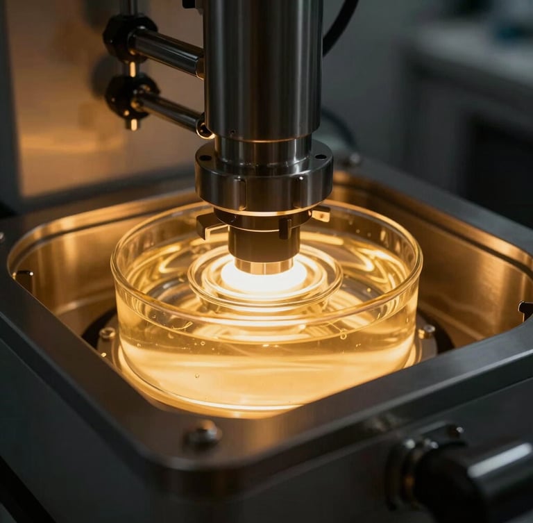 Close-up of a high-tech clinical bioreactor with glowing golden fluid, brushed metal surfaces, sharp 35mm focus, dark luxury clinical photography.