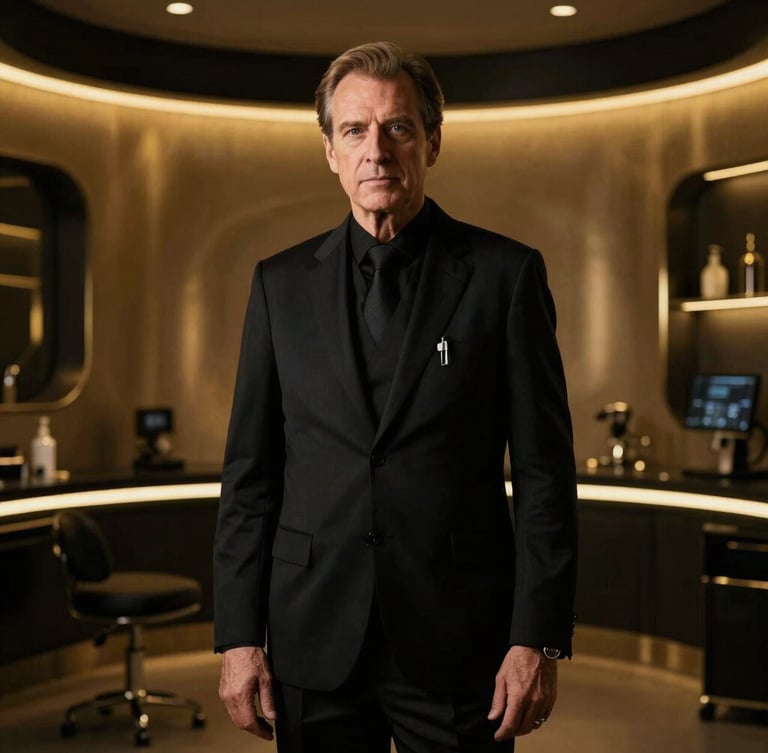 High-fashion portrait of a distinguished medical director in a dark, ultra-luxurious clinical environment, dramatic golden lighting, deep shadows, professional, authoritative, 35mm