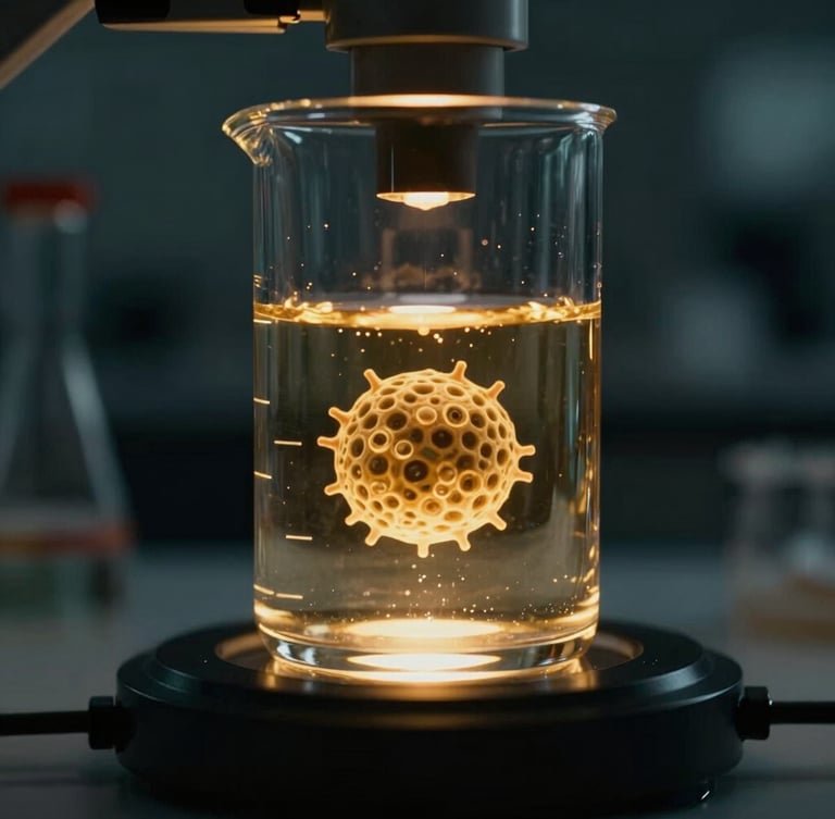 Macro photograph of advanced cellular biotechnology, golden light refracting through sterile laboratory glass, dark luxury clinical background, sharp focus, 35mm