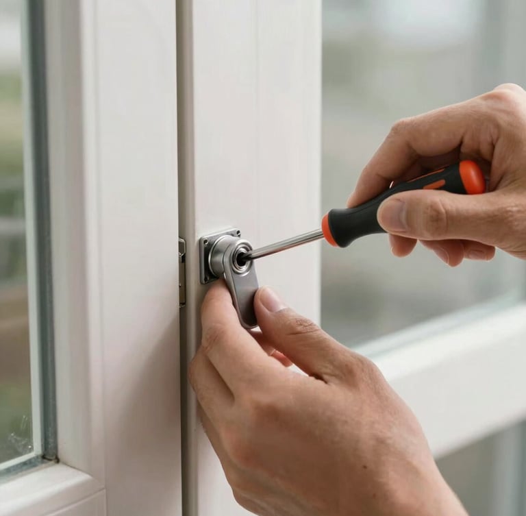 Close-up detail shot of hands carefully repairing a commercial door fixture with a screwdriver, bright natural daylight, clean metal surfaces.