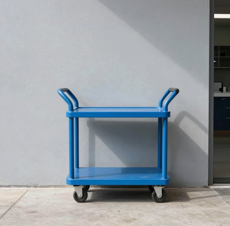 Straight-on, eye-level shot of a clean commercial corridor, a modern blue utility cart parked neatly against a light gray wall, bright natural daylight, crisp lines.