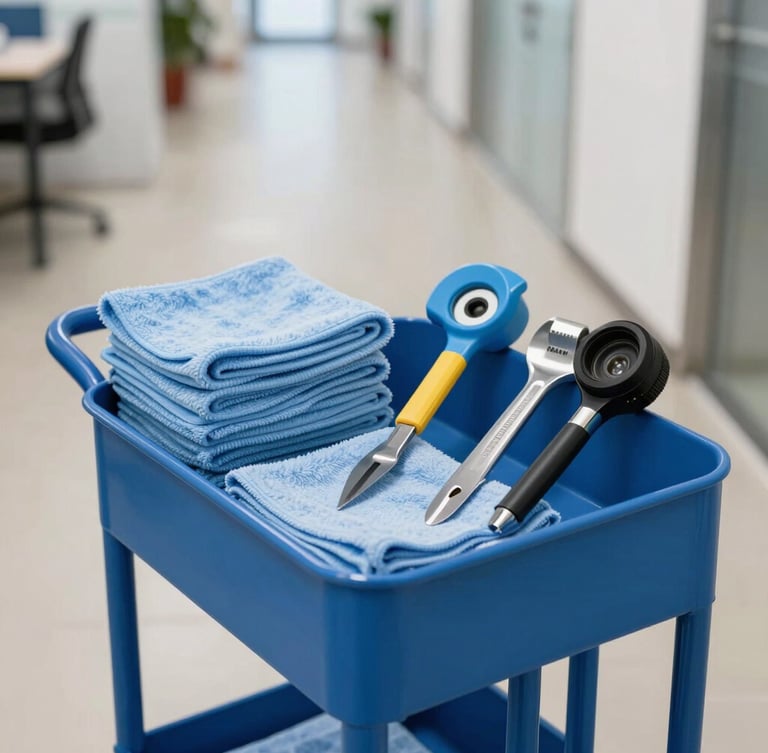 Close-up shot of a pristine, organized blue utility cart stocked with clean microfiber cloths and professional maintenance tools, positioned in a bright, modern office hallway with clean lines and natural light.