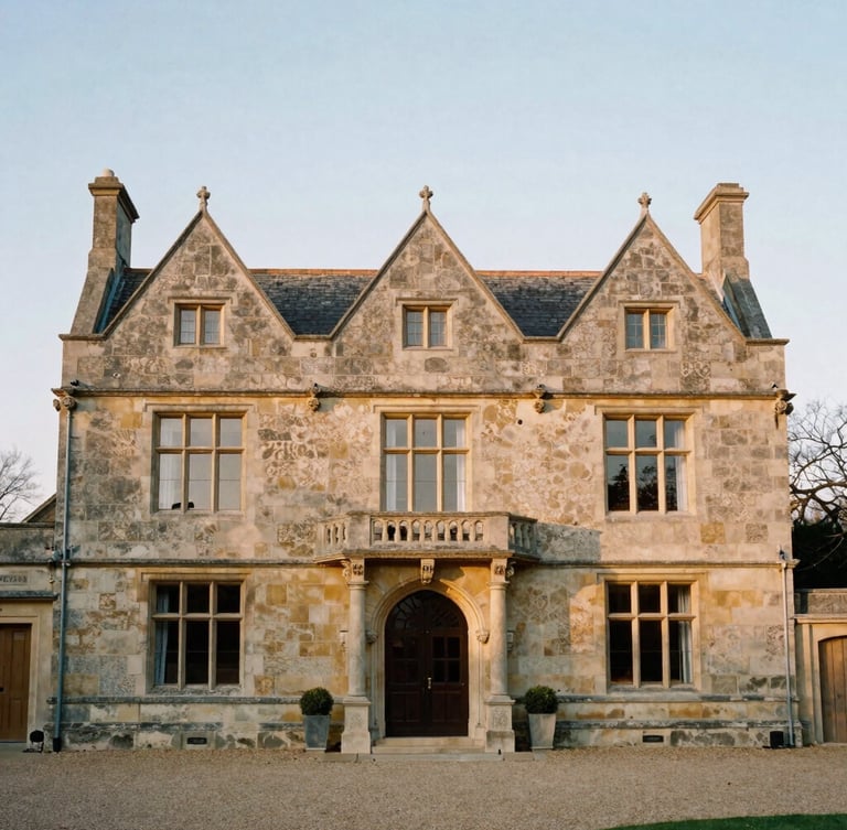 Straight-on architectural elevation of a restored Tudor revival manor house, soft golden-hour natural light, warm stone details, medium format film