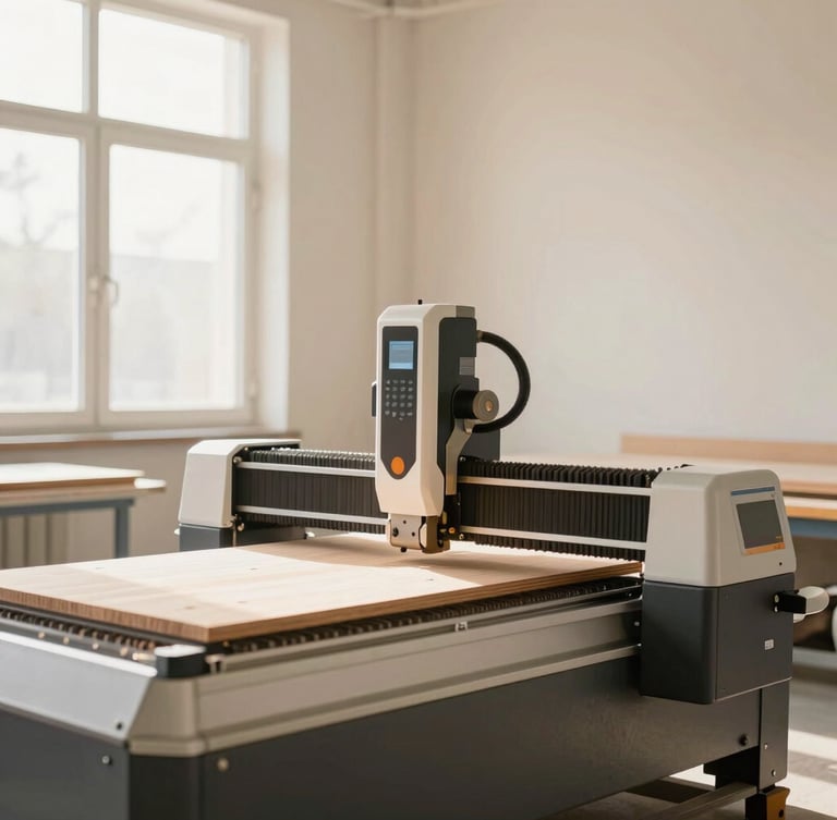 Eye-level view of a modern CNC panel cutting machine in a clean wood manufacturing plant, warm natural morning light, dust-free environment, 50mm lens