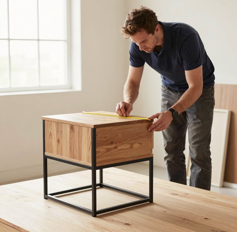 A skilled furniture craftsman measuring a finished oak and steel bedside table prototype in a bright, clean workshop, soft natural light, professional editorial composition