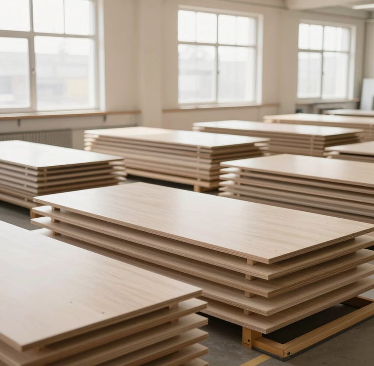 Wide shot of organized factory floor with stacks of flat-pack furniture panels ready for packaging, warm natural light through high windows, clean industrial setting