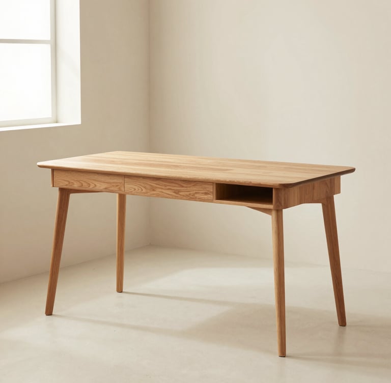 Warm editorial product photography of a modern wooden writing desk in a soft neutral cream studio, natural side lighting, 50mm lens