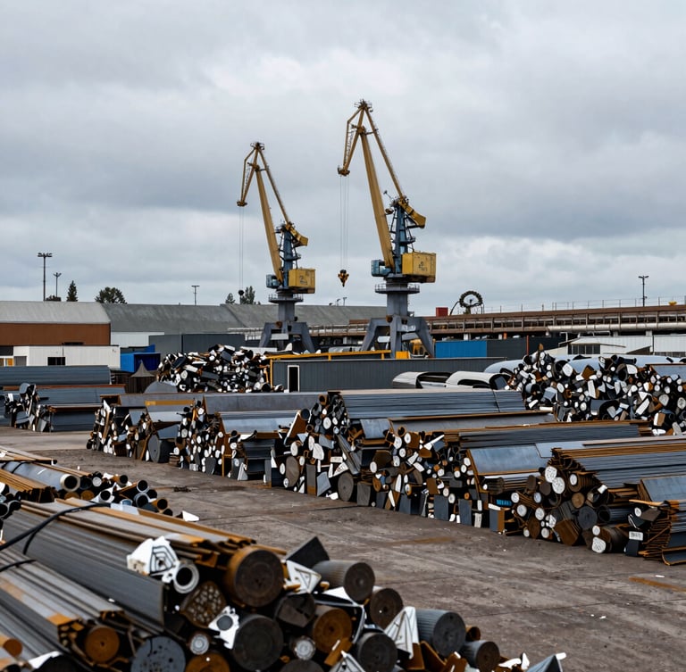 Wide environmental shot of a high-volume material recovery yard under overcast daylight, massive sorted steel piles, heavy crane in background, sharp focus, 35mm lens