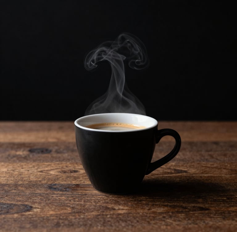 Portrait shot of a freshly pulled espresso shot in a black cup, steam rising, high-contrast side-lighting, deep blacks, crisp whites, warm wood texture in background, 35mm lens