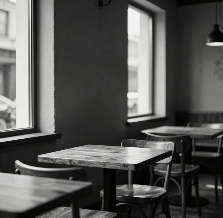 Clean architectural shot of a monochrome café interior, warm wood accents on tables and chairs, high-contrast side-lighting, natural light filtering through windows, 35mm lens.
