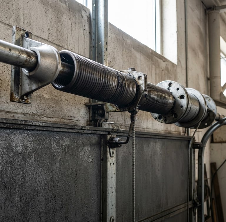 Close-up of a heavy-duty steel garage door torsion spring under high tension, crisp architectural photography, bright natural daylight, sharp focus