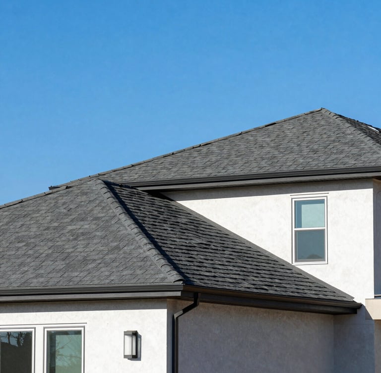 Crisp architectural photography of a modern residential home in Utah under a bright blue sky, showcasing clean lines of a newly installed charcoal architectural shingle roof, morning daylight