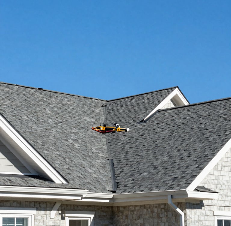 A professional roofing crew working safely on a residential roof in Utah, bright high-noon daylight, clear blue sky, sharp focus on architectural shingles