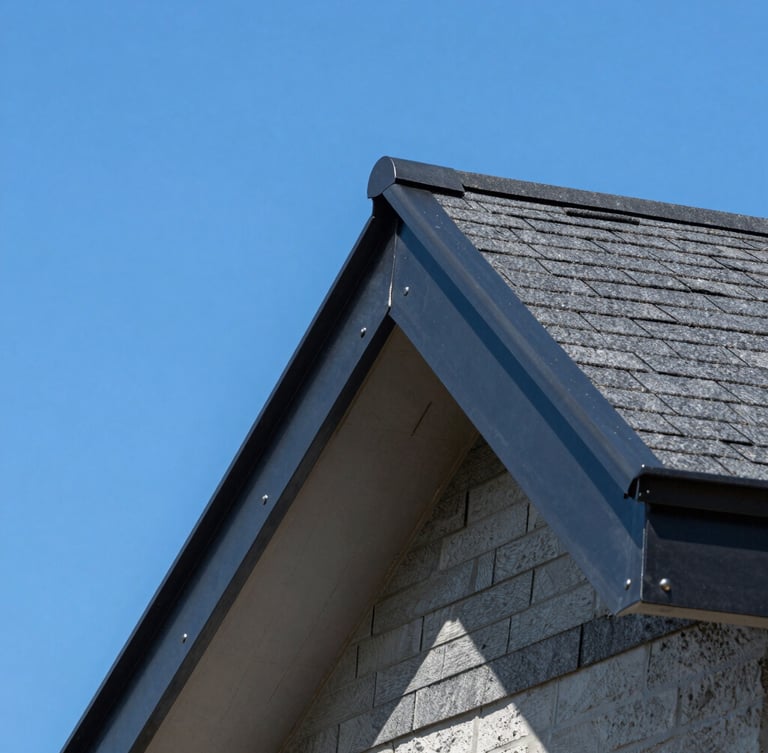 Close-up architectural shot of high-quality charcoal metal flashing and architectural shingles on a clean roof edge, bright clear daylight, vivid blue sky