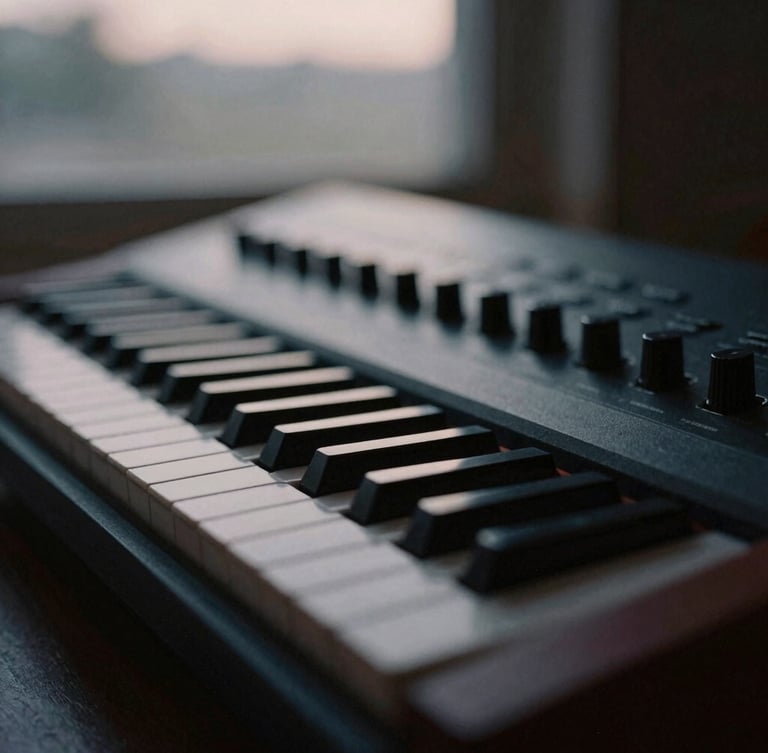 Extreme close-up of a vintage analog synthesizer, low-key moody natural twilight light, desaturated charcoal tones, 35mm film photography.