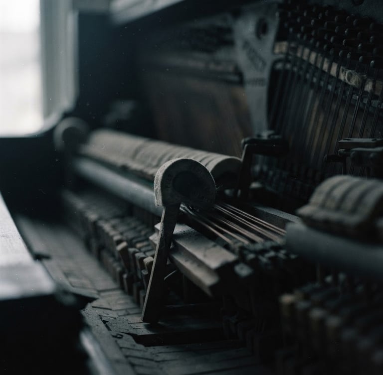 Extreme close-up of the interior of a felted upright piano, soft twilight filtering through dust motes, shallow depth of field, moody film photography, desaturated charcoal tones.