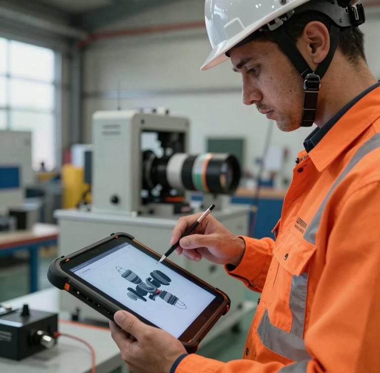 Close-up of a COREN-certified engineer in high-visibility orange gear examining a 3D laser scanning model on a rugged tablet in a fabrication yard, daylight.