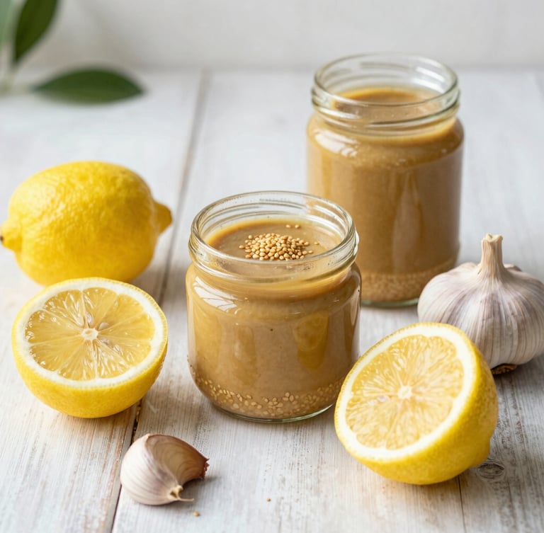A rustic kitchen table with raw ingredients, featuring halved fresh lemons, whole garlic cloves, and a jar of rich sesame tahini, bright natural Florida kitchen light