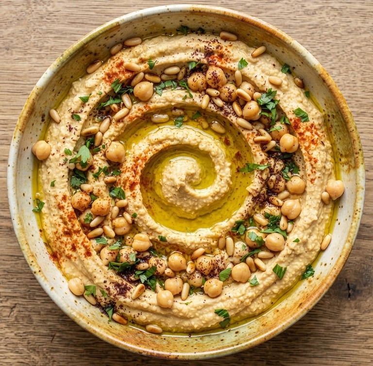 Top-down food photography of a deep swirling bowl of creamy hummus, topped with a pool of golden olive oil, whole chickpeas, and toasted pine nuts, bright natural daylight