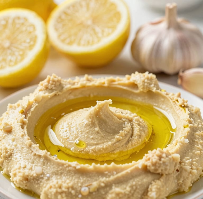 Close-up macro shot of a creamy hummus swirl under a pool of cold-pressed olive oil, fresh lemon halves and raw garlic cloves in the soft-focus background, warm morning kitchen light.