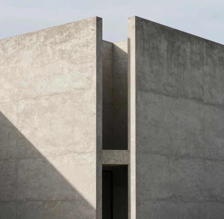 Minimalist architectural lines of a modern concrete building in Stellenbosch, sharp geometric shadows, bright natural side-light, 35mm lens.