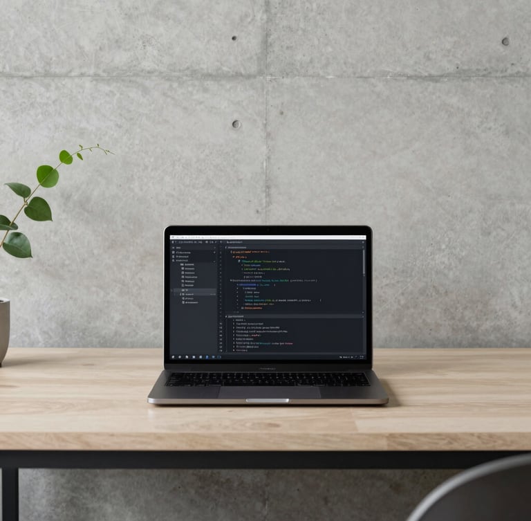 Minimalist clean workspace setup with natural side-light, a high-end laptop displaying clean code architecture, set against a concrete wall with soft vineyard green accents, 35mm lens editorial photography