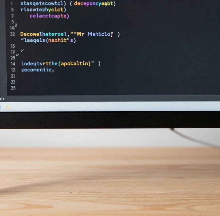 Close-up macro shot of clean code blocks on a high-resolution screen, soft natural side-light reflecting off a sleek wooden desk, minimal editorial aesthetic.