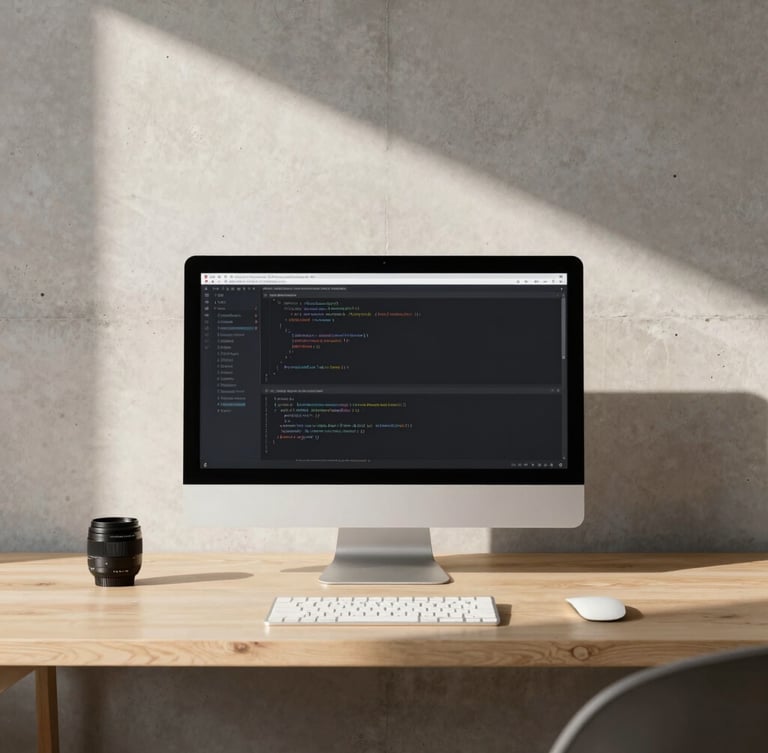 Minimalist workspace with warm side-light, a clean monitor displaying elegant code structures, concrete walls, architectural shadows, 35mm lens.