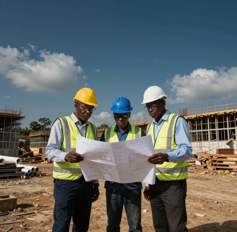 A wide-angle environmental portrait of senior Nigerian engineers reviewing blueprints on an active infrastructure construction site under dramatic natural daylight.