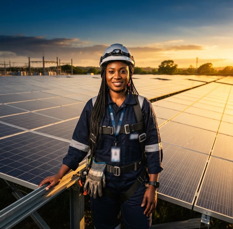 A premium industrial portrait of a Nigerian engineer in high-visibility safety gear standing before a solar array, dramatic golden hour light, sharp focus, editorial style.