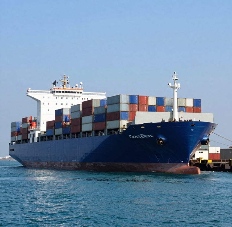 Wide-angle industrial daylight shot of a massive container ship docked at Mumbai port, towering stacks of steel containers, deep blue harbor water, clear sky.