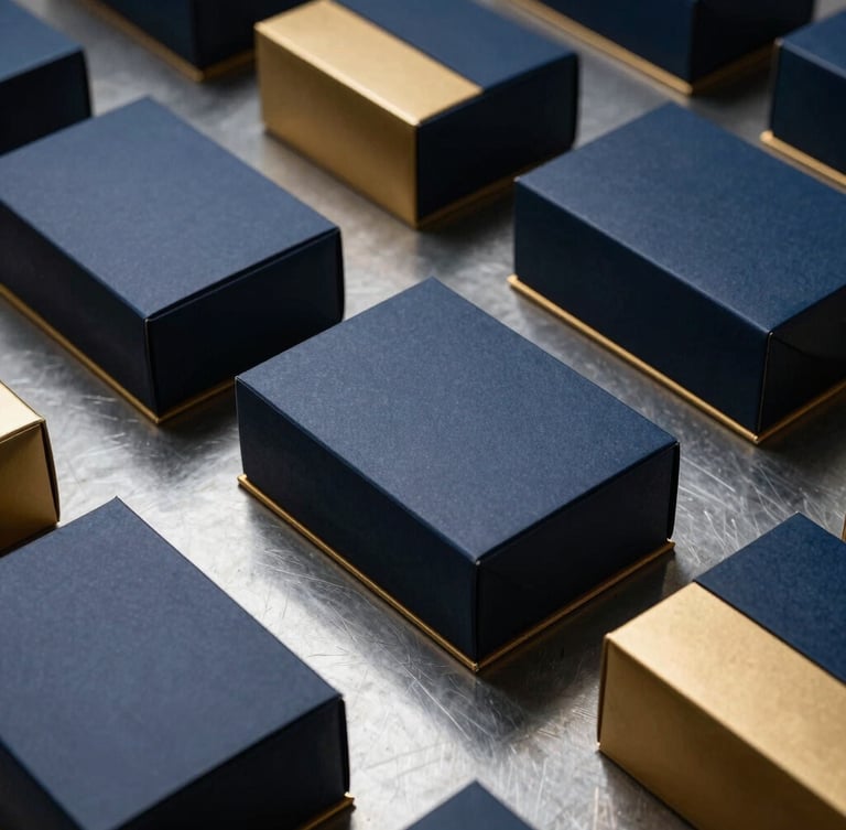 Minimalist studio shot of premium corporate gift boxes in structured navy and gold packaging, arranged orderly on a steel surface, sharp directional lighting