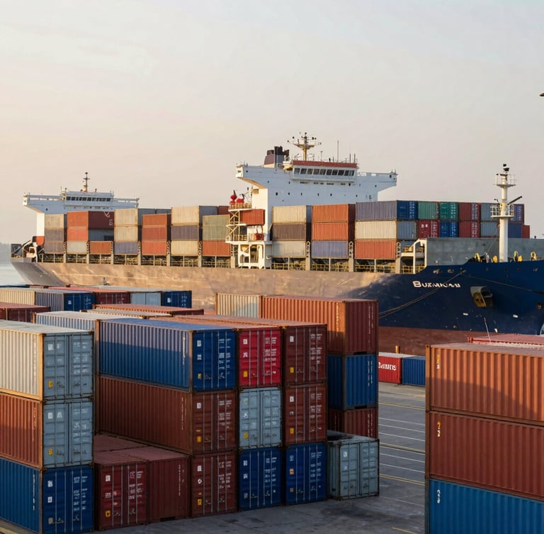 Vessel-ready shipping containers stacked at Mumbai port, massive cargo ship in background, golden hour lighting.