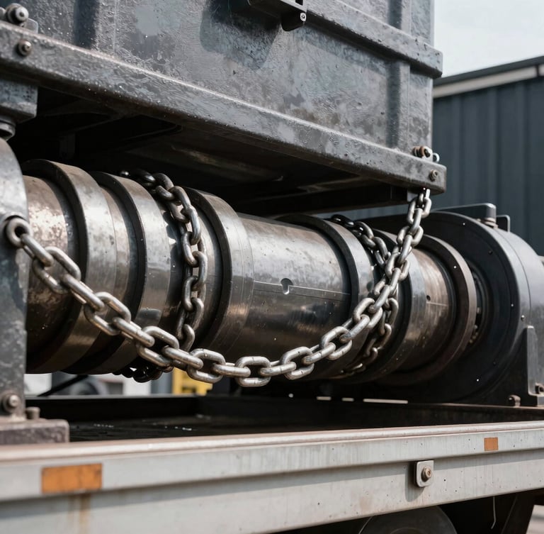 Close-up of heavy industrial tension chains and steel binders securing massive machinery on a lowboy trailer, harsh daylight, sharp metallic details