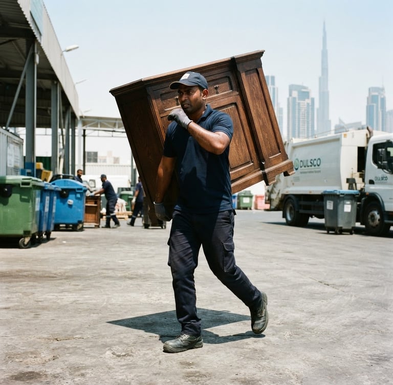 A professional Dubai rubbish removal crew member in a clean uniform carrying a heavy wooden cabinet, bright midday sunlight, sharp focus, high-contrast clean industrial tones.