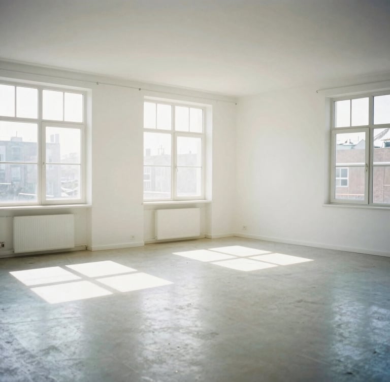 A clean, spacious apartment living room completely cleared of clutter, bright natural light streaming through large windows, spotless floors, 35mm photography.