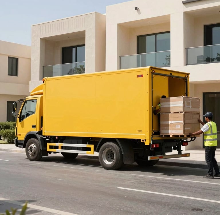 A clean yellow transport truck parked outside a modern Dubai villa, professional crew members in uniform loading bulky items in bright midday sunlight.